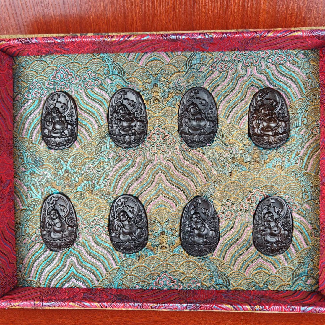 A Set of Fine Eaglewood Statue of Maitreya Buddha Pattern Pendants: A Set of Fine Eaglewood Statue of Maitreya Buddha Pattern Pendants,Qing