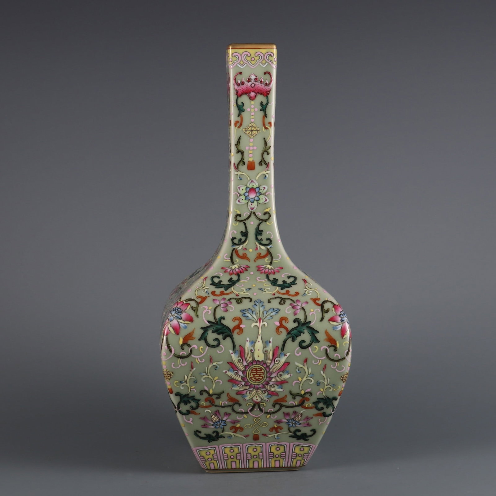 A Rare Famille-Rose Celadon Glazed Bats and Peach Pattern Lotus Pattern Vase: A Rare Famille-Rose Celadon Glazed Bats and Peach Pattern Lotus Pattern Vase Qing Dynasty, China Qianlong Six-character MarkSize:13.5inx5.7in粉彩青釉福寿纹