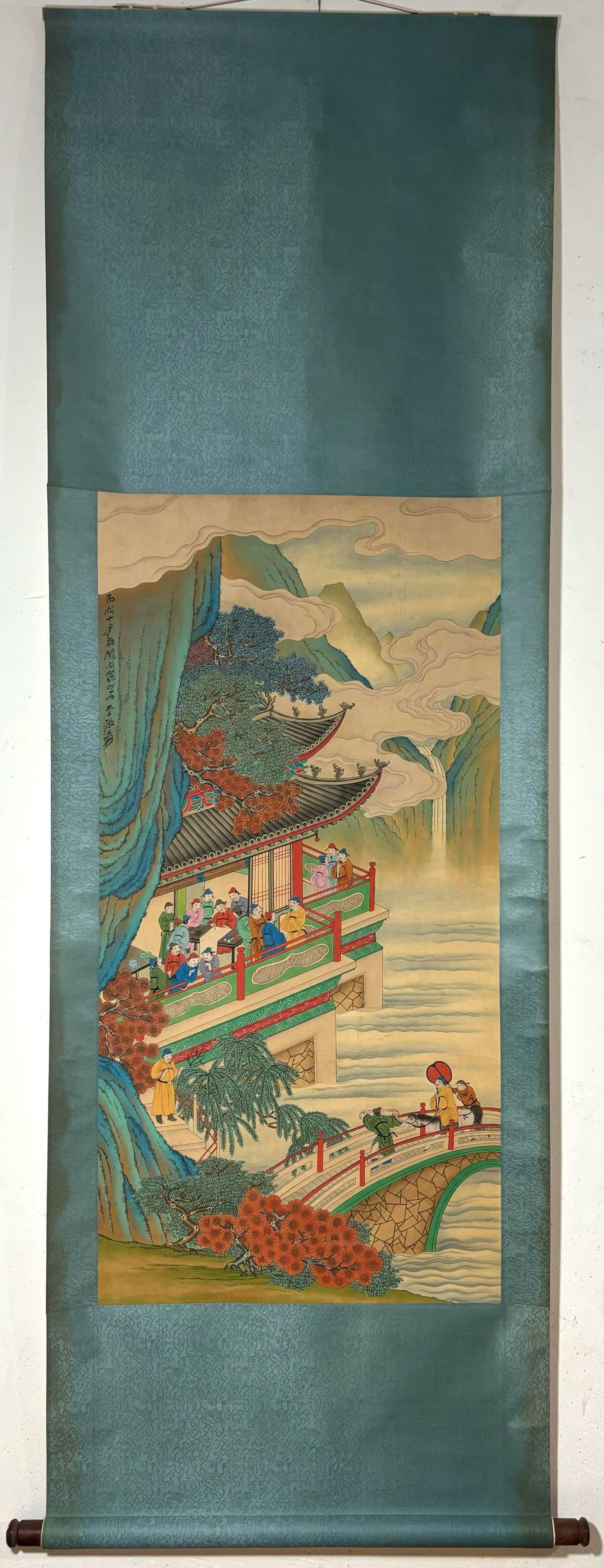 A Chinese Vertical Scroll Ink Painting of Landscape and Figure on Silk,Zhang Daqian: A Chinese Vertical Scroll Ink Painting of Landscape and Figure on Silk,Zhang Daqian,Size:(Without