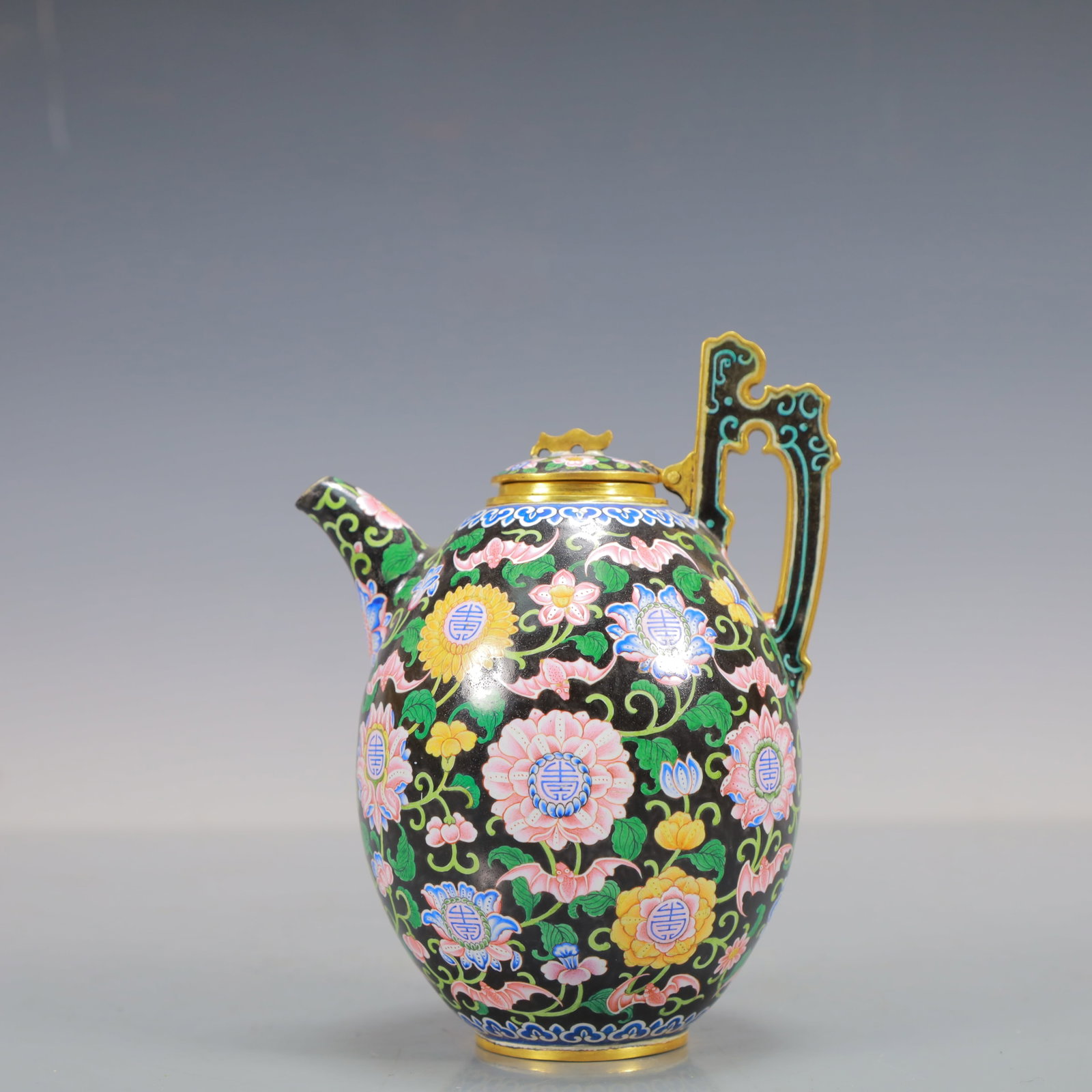 A Exquisite Coppery Enamel Lotus Pattern Bats and Peach Pattern Ewer: A Exquisite Coppery Enamel Lotus Pattern Bats and Peach Pattern Ewer Qing Dynasty, China Qianlong Four-character Mark Size:4.3inx3.1inx5.5in