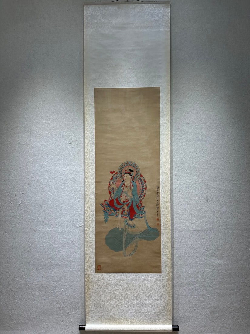 A Chinese Vertical Scroll Ink Painting of Avalokitesvara on Paper,Zhang Daqian: A Chinese Vertical Scroll Ink Painting of Avalokitesvara on Paper,Zhang Daqian,Size:(Without