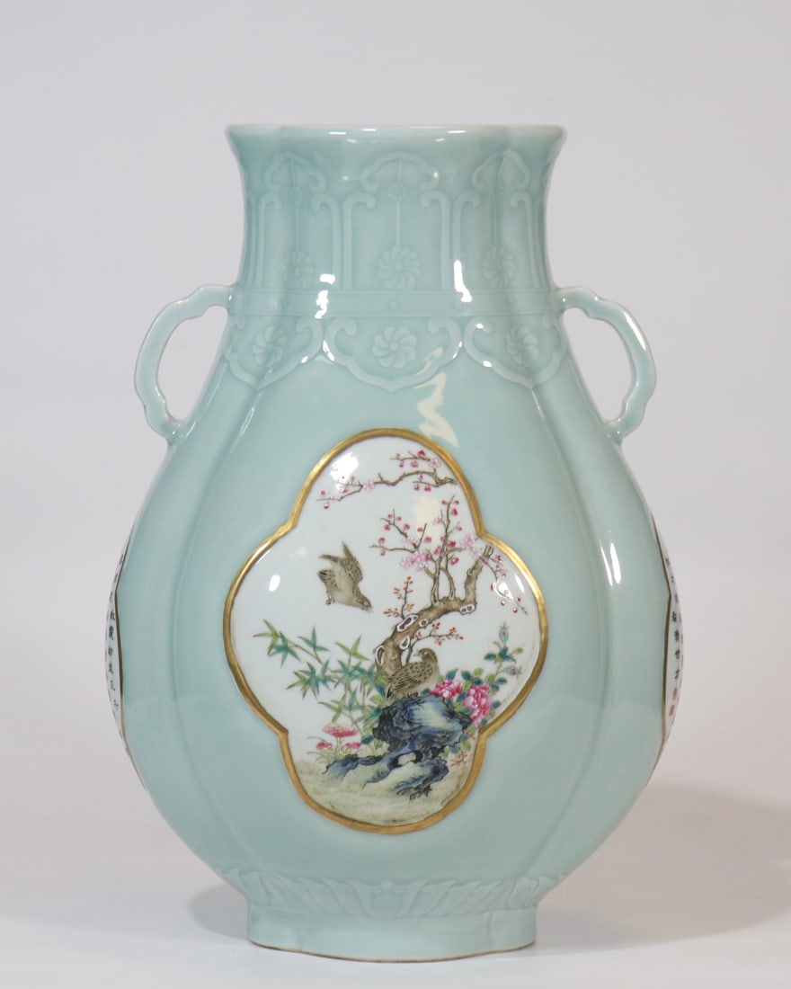 A Rare Celadon Glazed Famille-Rose Painted Gold Flower and Bird Pattern Double-Ears Vase,With Poem: A Rare Celadon Glazed Famille-Rose Painted Gold Flower and Bird Pattern Double-Ears Vase,With Poem,Qing Dynasty,China,Qianlong Six-character Mark,Size:14.4inx9.8in青釉粉彩ÿ