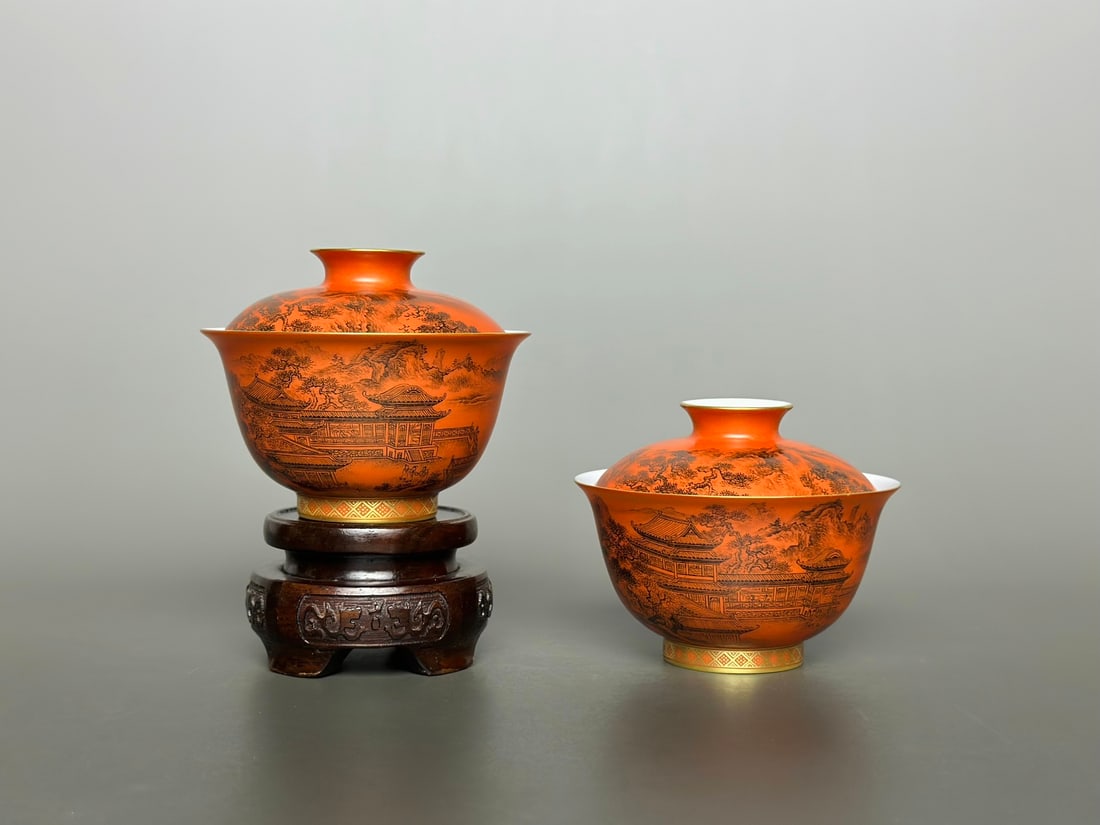 A Pair of Exquisite Iron-Red Ground Ink Color Painted Gold Landscape and Figure Pattern Cover Bowls: A Pair of Exquisite Iron-Red Ground Ink Color Painted Gold Landscape and Figure Pattern Cover Bowls,Qing Dynasty,China,Qianlong Four-character