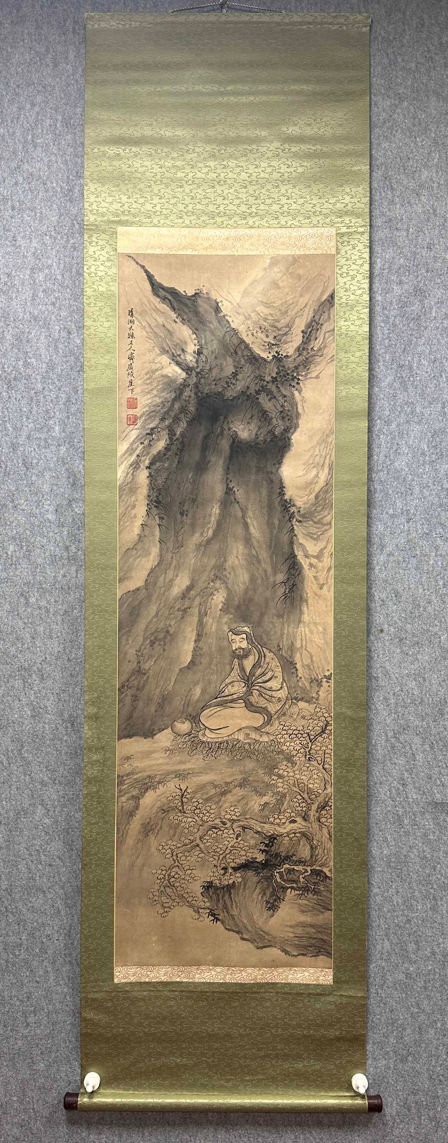 A Chinese Vertical Scroll Ink Painting of Landscape and Figure on Paper,Shi Tao: A Chinese Vertical Scroll Ink Painting of Landscape and Figure on Paper,Shi TaoSize:(Without frame)16.9inx52in一幅中国水墨山水人物画&#