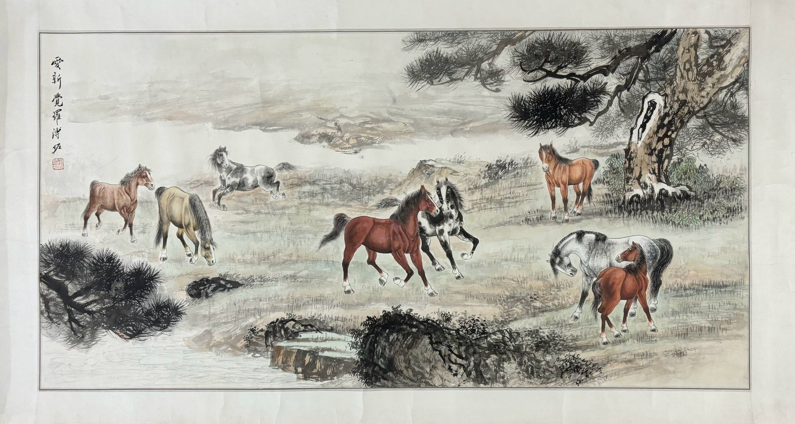 A Chinese Ink Painting of Horse on Paper,Fu Zuo: A Chinese Ink Painting of Horse on Paper,Fu Zuo,Size:(Without frame)51inx25.8in一幅中国水墨骏马图,溥佐,Size:(Without frame)129.5cmx65.