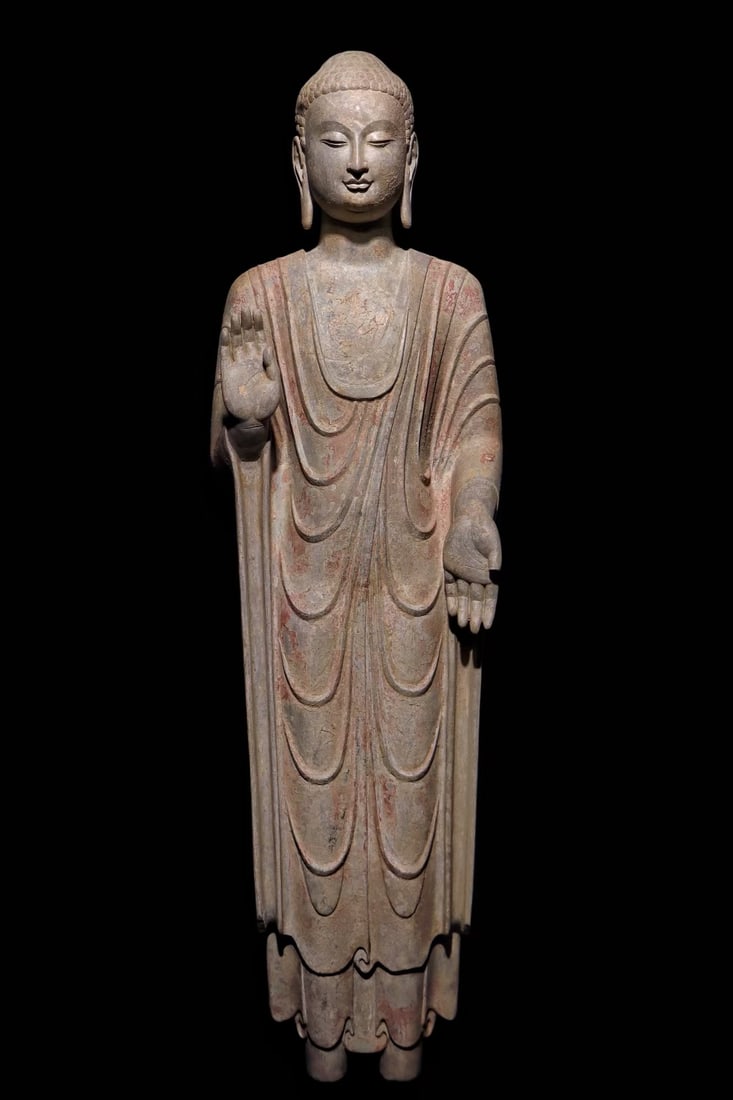 An Exquisite Limestone Painted Color Statue of Sakyamuni: An Exquisite Limestone Painted Color Statue of Sakyamuni N.Qi , China Size:45.3in青石彩绘释迦摩尼造像 中国北齐Size:1