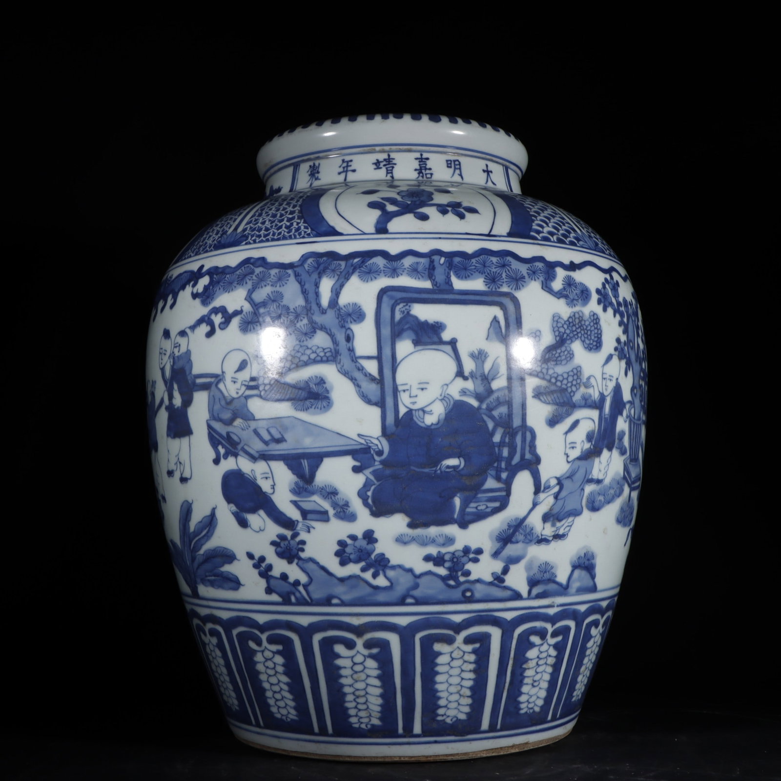 An Exquisite Blue and White Character and Story Pattern Jar: An Exquisite Blue and White Character and Story Pattern Jar Ming Dynasty, China Jiajing Six-character Mark Size:15.7inx13in青花人物大罐 中国明