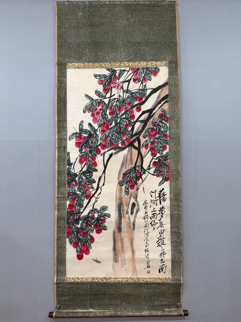 A Chinese Vertical Scroll Ink Painting of Litchi on Paper,Qi Baishi: A Chinese Vertical Scroll Ink Painting of Litchi on Paper,Qi Baishi,Size:(Without