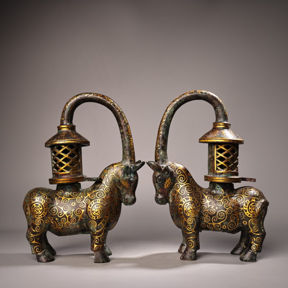 A Pair of Exquisite Bronze Inlaid Gold Buffalo-Shaped Palace Lanterns,With Inscription (1 of 10)