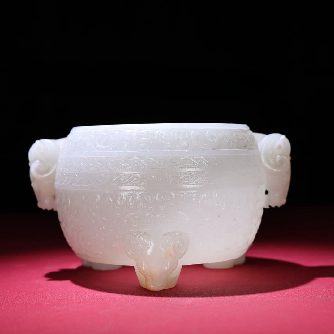 An Exquisite White Jade Figure Pattern Sheep-Ears Beast Legs Censer: An Exquisite White Jade Figure Pattern Sheep-Ears Beast Legs Censer,Qing