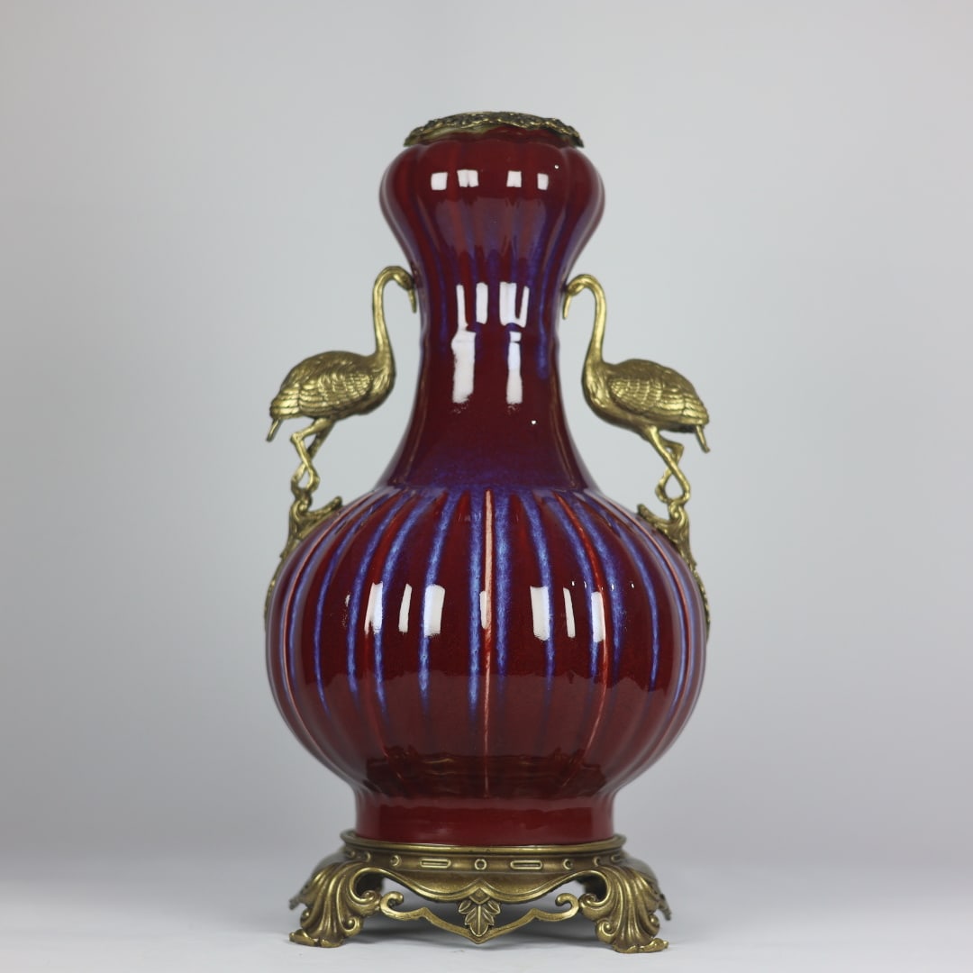 A Huge Flambe Glazed Inlaid Bronze Crane-Ears Vase: A Huge Flambe Glazed Inlaid Bronze Crane-Ears Vase,Qing Dynasty,China,Yongzheng Six-character Mark,Size:17.5inx9.4inx8.1in窑变釉镶铜鹤耳瓶,中Þ