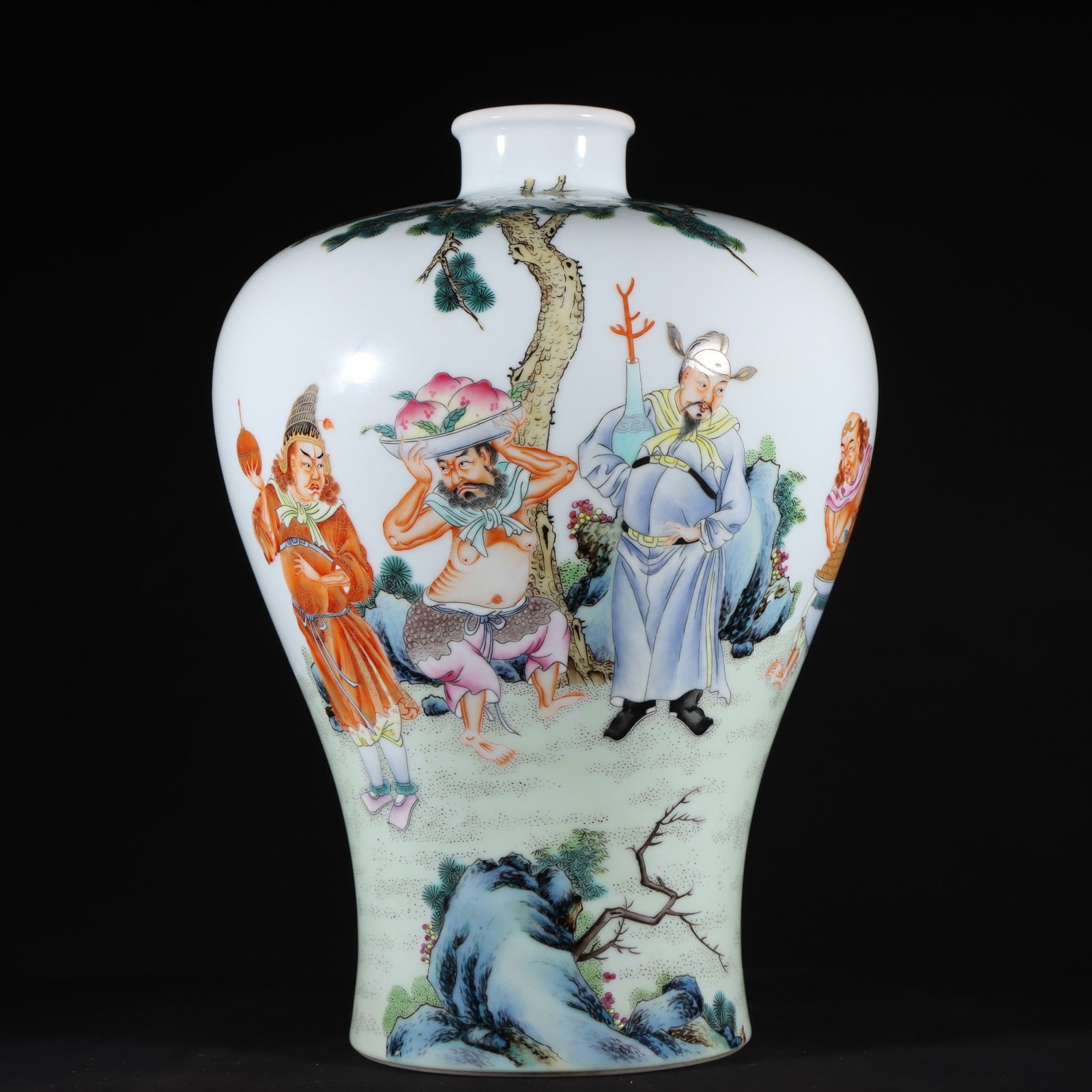 An Exquisite Famille-Rose Character and Story Pattern Vase: An Exquisite Famille-Rose Character and Story Pattern Vase Qing Dynasty, China Yongzheng Six-character Mark Size:11.7inx8.3in粉彩八蛮进宝梅瓶