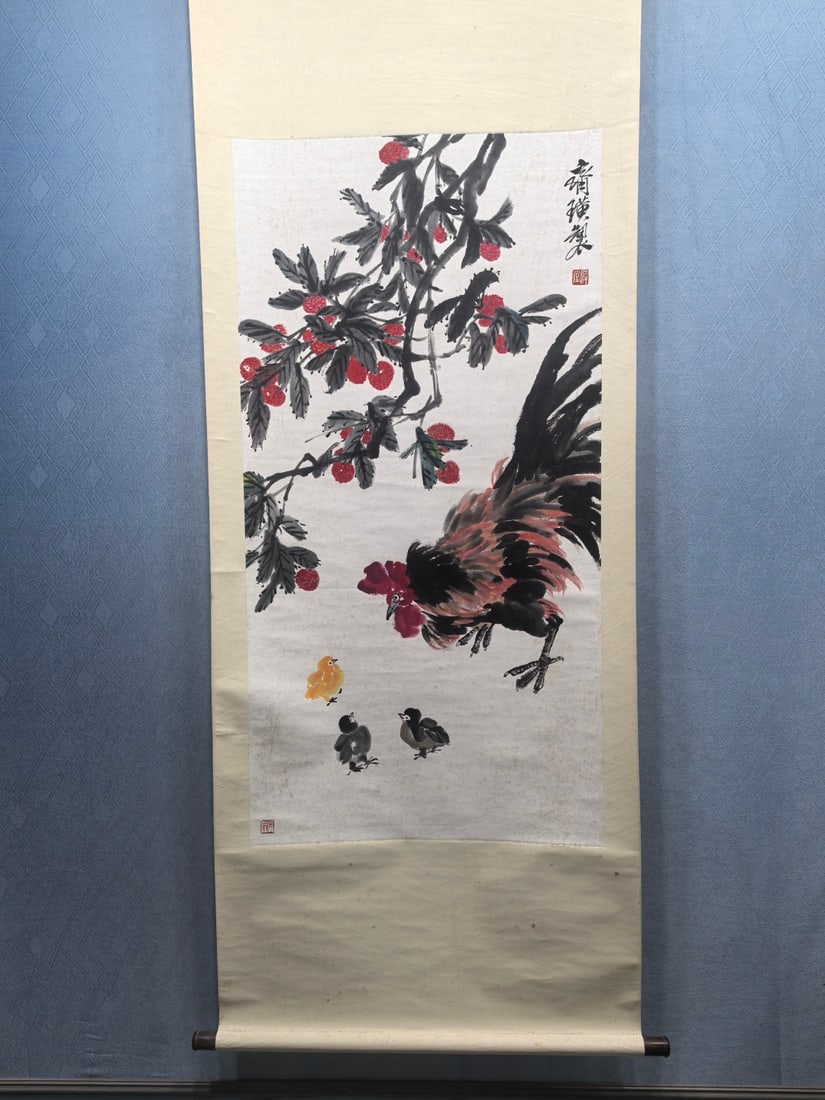 A Chinese Vertical Scroll Ink Painting of Rooster on Paper,Qi Baishi: A Chinese Vertical Scroll Ink Painting of Rooster on Paper,Qi BaishiSize:(Without