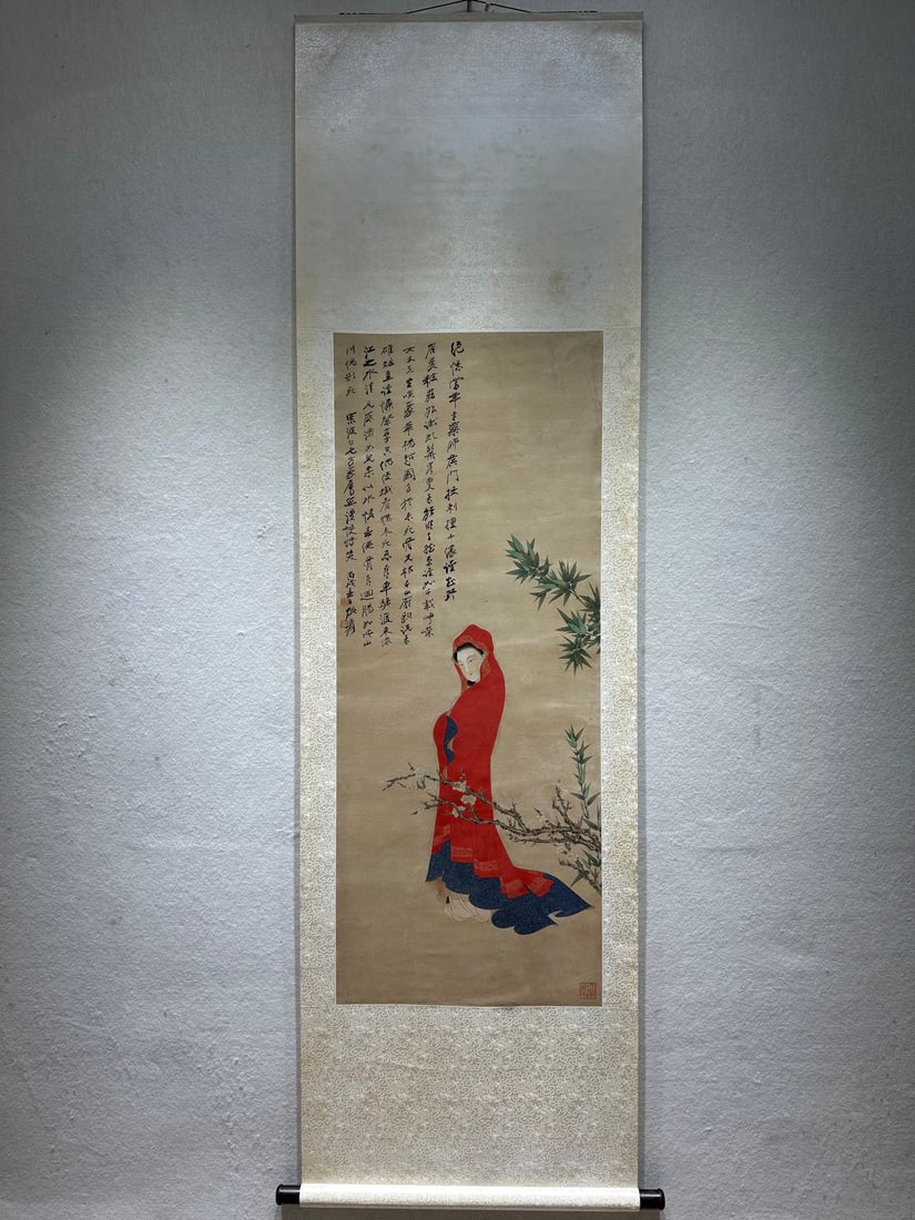 A Chinese Vertical Scroll Ink Painting of Figure on Paper,Zhang Daqian: A Chinese Vertical Scroll Ink Painting of Figure on Paper,Zhang Daqian,Size:(Without frame)20.3inx51.2in一幅中国水墨人物画立轴,张