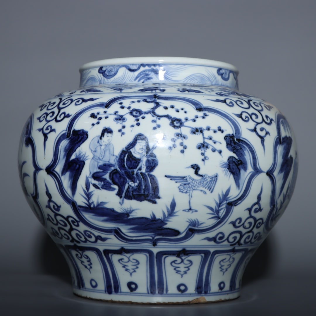 An Exquisite Blue and White Character and Story Pattern Jar: An Exquisite Blue and White Character and Story Pattern Jar Yuan Dynasty, China Size:11.2inx13.4in青花人物开窗罐 中国元代 Size:28.5cmx