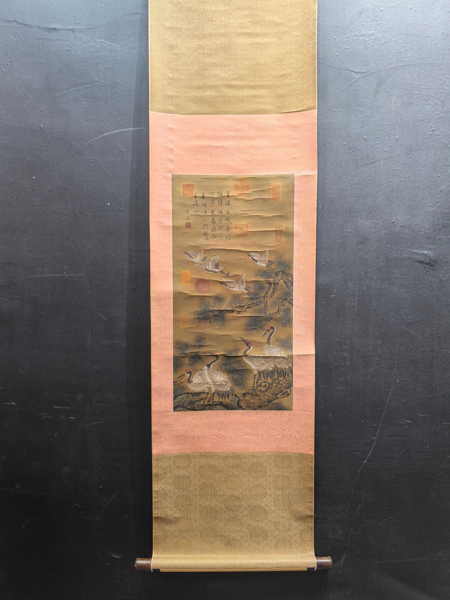 A Chinese Vertical Scroll Ink Painting of Pine and Crane on Silk,Huang Quan (1 of 9)