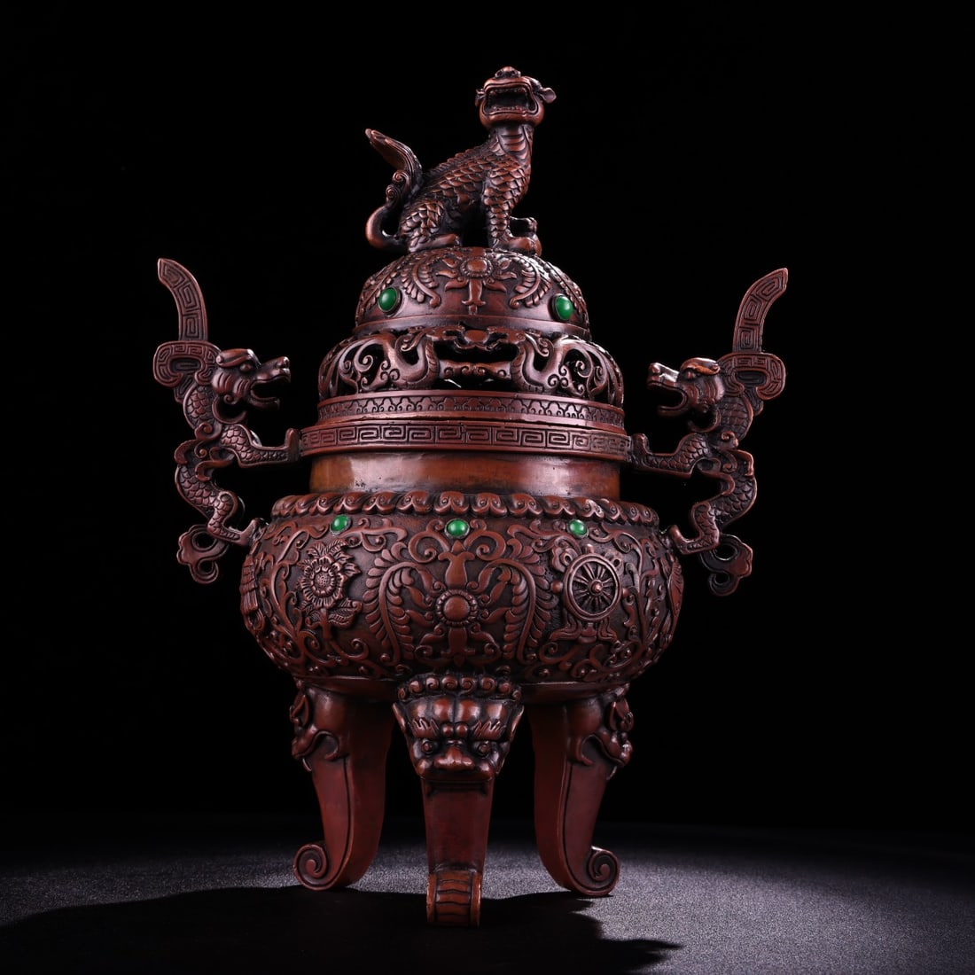 An Exquisite Bronze Inlaid Gems Lotus and Eight Treasures Pattern Dragon-Ears Beast Legs Censer,With: An Exquisite Bronze Inlaid Gems Lotus and Eight Treasures Pattern Dragon-Ears Beast Legs Censer,With Lion Cover,Qing Dynasty, China,Qianlong Four-character