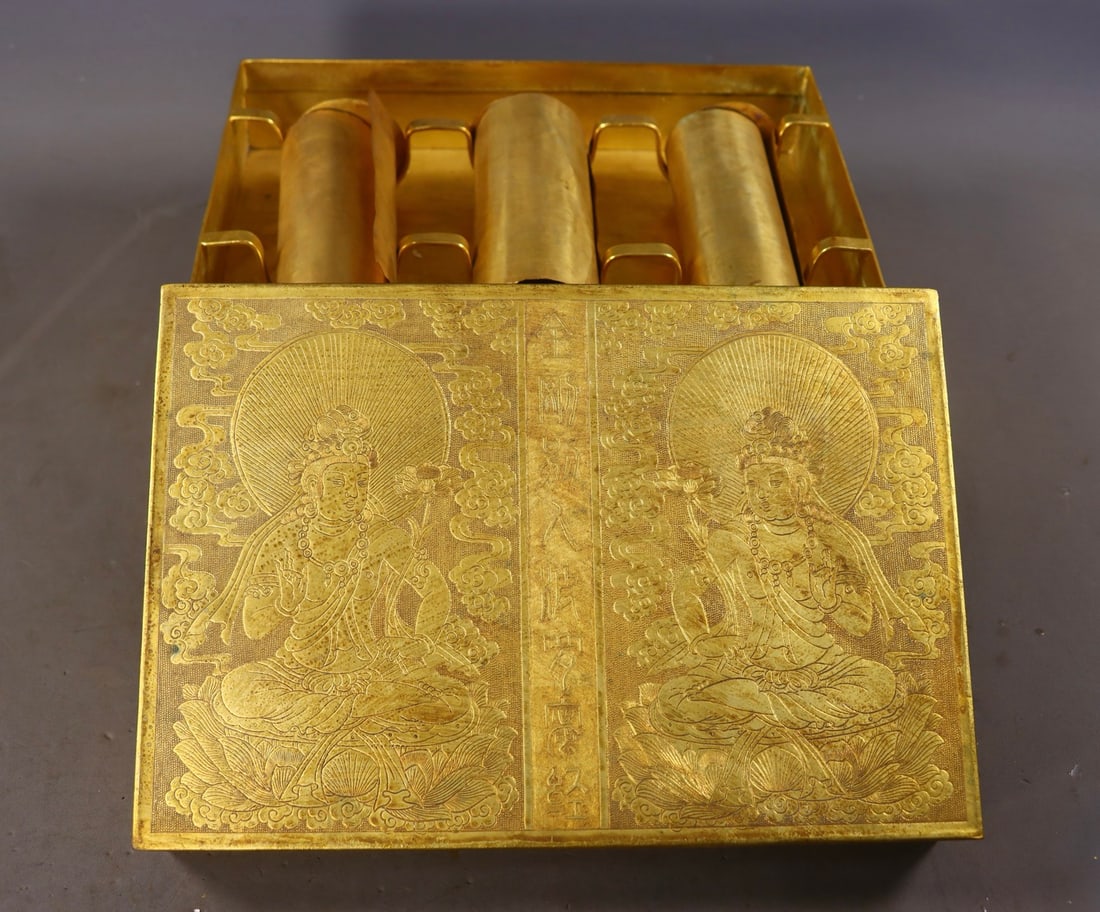 A Set of Fine Gilt Bronze Inlaid Turquoise Lotus and Buddha Statue Pattern Scriptures: A Set of Fine Gilt Bronze Inlaid Turquoise Lotus and Buddha Statue Pattern Scriptures,Qing Dynasty,China,Qianlong Four-character
