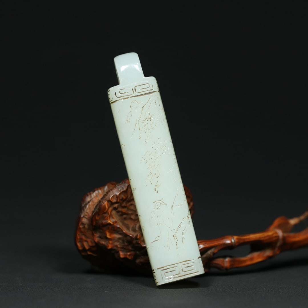 An Exquisite White Jade Landscape and Figure Pattern Pendant,With Poem: An Exquisite White Jade Landscape and Figure Pattern Pendant,With Poem,Qing