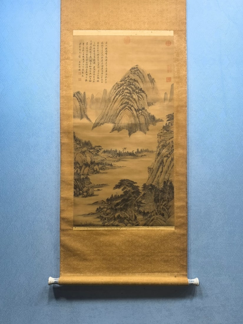 A Chinese Vertical Scroll Ink Painting of Landscape on Silk,Wang Yuanqi: A Chinese Vertical Scroll Ink Painting of Landscape on Silk,Wang YuanqiSize:(Without frame)19.9inx37.6in一幅中国水墨绢本山水画立