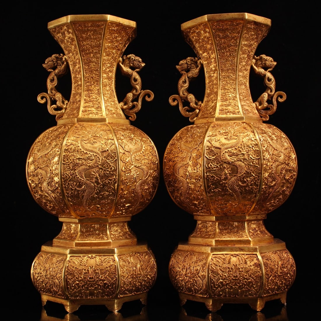 A Pair of Rare Gilt Bronze Auspicious Cloud and Dragon Pattern Dragon-Ears Vases: A Pair of Rare Gilt Bronze Auspicious Cloud and Dragon Pattern Dragon-Ears Vases,Qing Dynasty, China,Qianlong Four-character Mark,Size:15.2inx8.3in,Total Weight:7584g一对铜鎏&#
