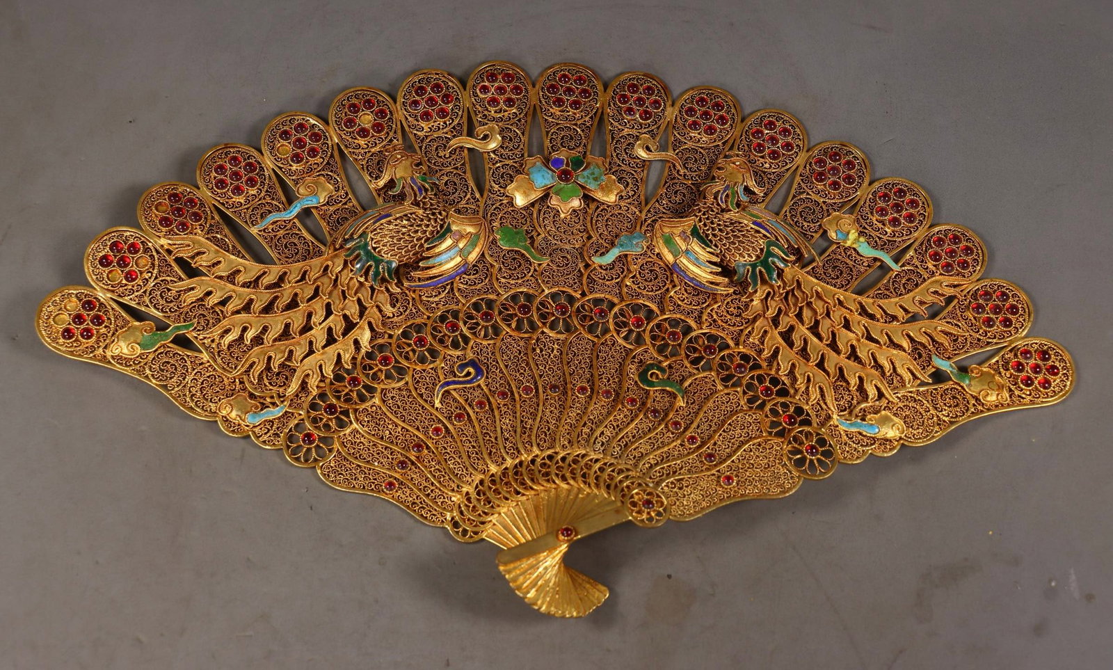A Huge Filigree and Gilding Inlaid Gems Phoenix Pattern Fan