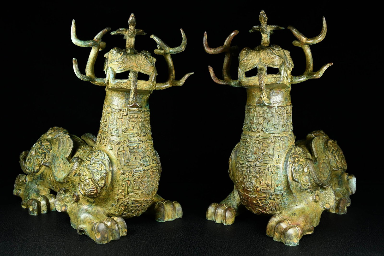A Pair of Archaic Bronze Beast-Face Pattern Auspicious Beast Ornaments,With Inscription (1 of 13)