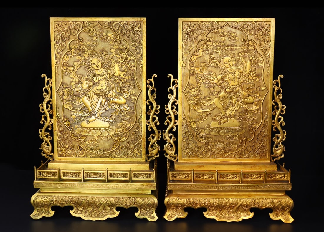 A Pair of Rare Gilt Bronze Auspicious Cloud and Buddha Statue Pattern Table Screens,With Scriptures: A Pair of Rare Gilt Bronze Auspicious Cloud and Buddha Statue Pattern Table Screens,With Scriptures,Qing Dynasty,China,Qianlong Four-character