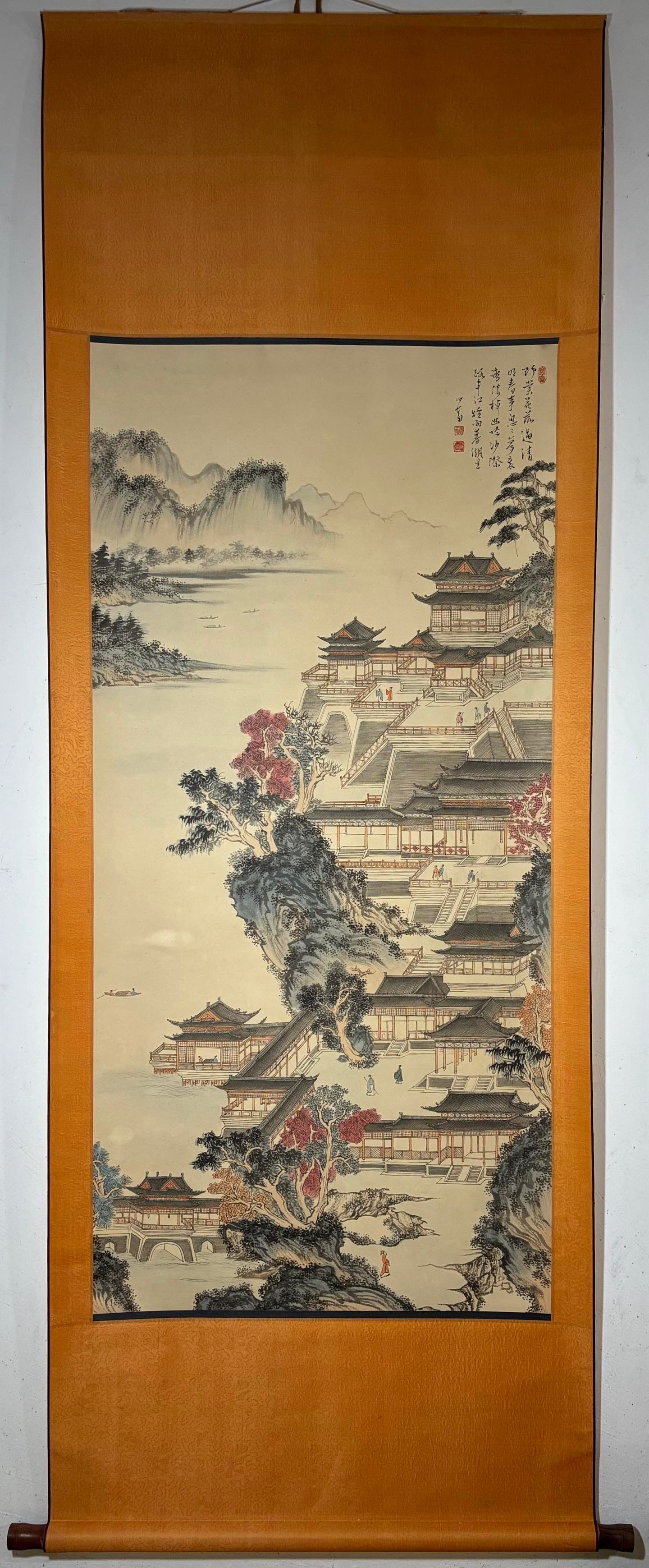 A Chinese Vertical Scroll Ink Painting of Landscape and Figure on Paper,Fu Ru: A Chinese Vertical Scroll Ink Painting of Landscape and Figure on Paper,Fu Ru,Size:(Without