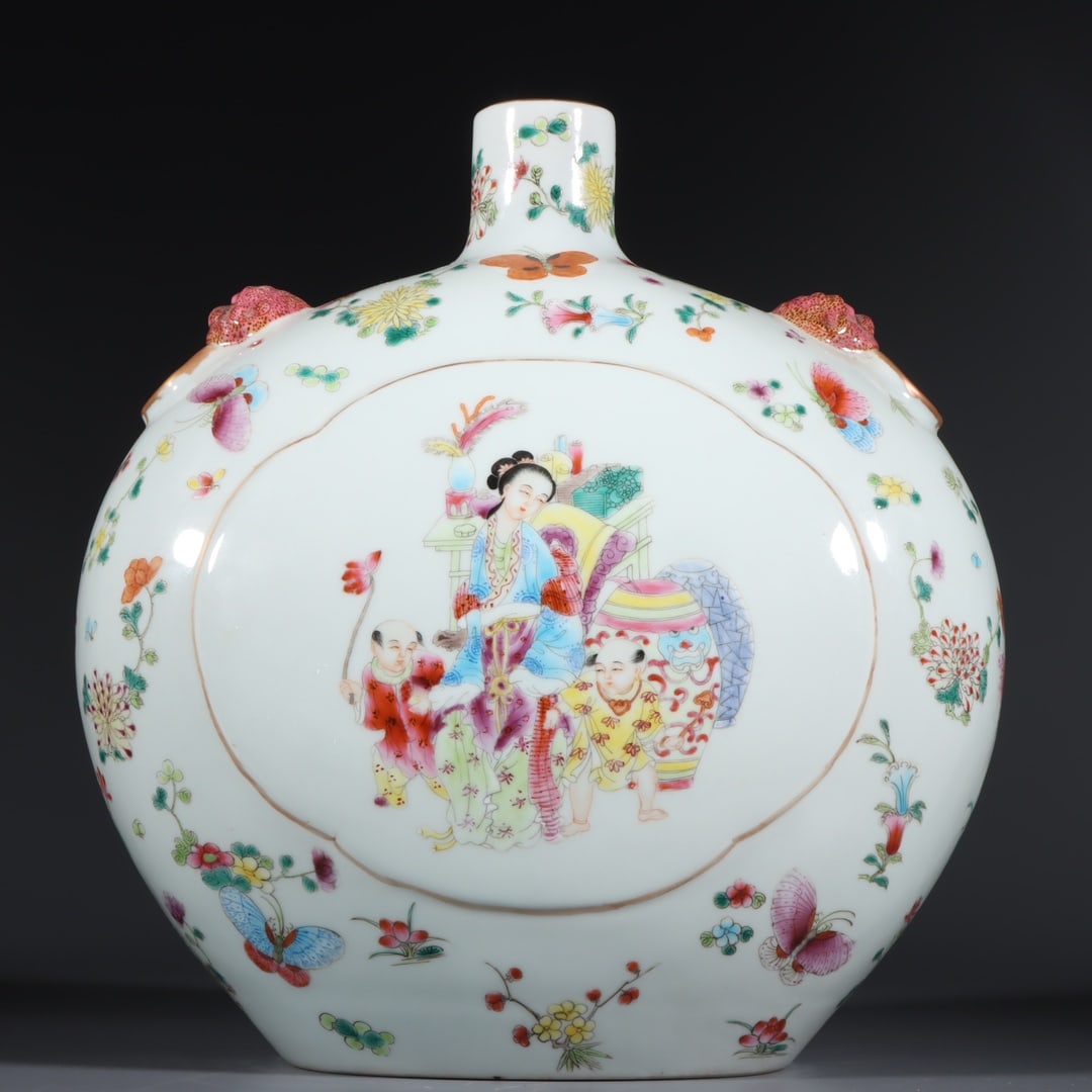 An Exquisite Famille-Rose Character and Story Pattern Flower and Butterfly Pattern Double-Ears Vase: An Exquisite Famille-Rose Character and Story Pattern Flower and Butterfly Pattern Double-Ears Vase Qing Dynasty, China Qianlong Six-character Mark Size:11.4inx11in粉彩开窗