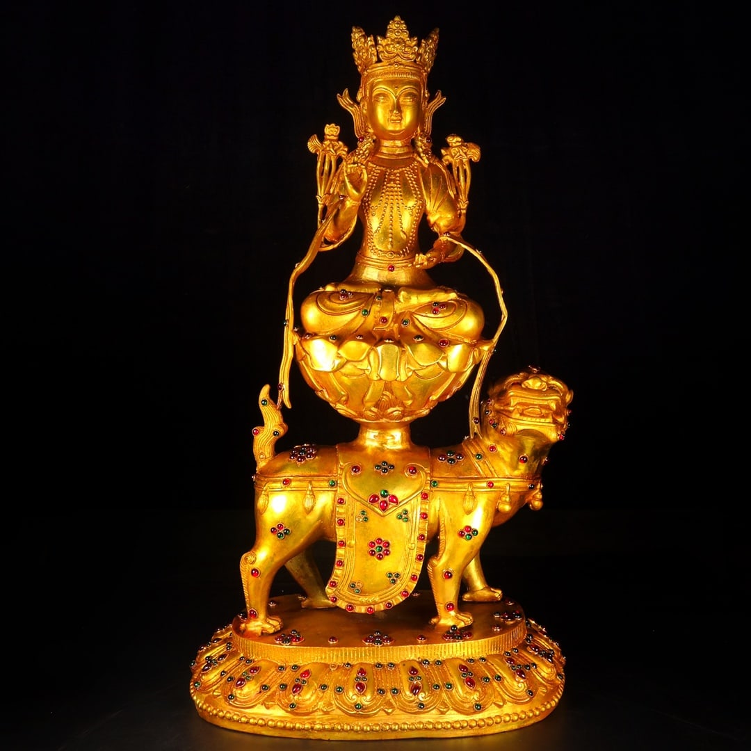 A Solemn Gilt Bronze Inlaid Gems Buddha Statue: A Solemn Gilt Bronze Inlaid Gems Buddha Statue,Qing