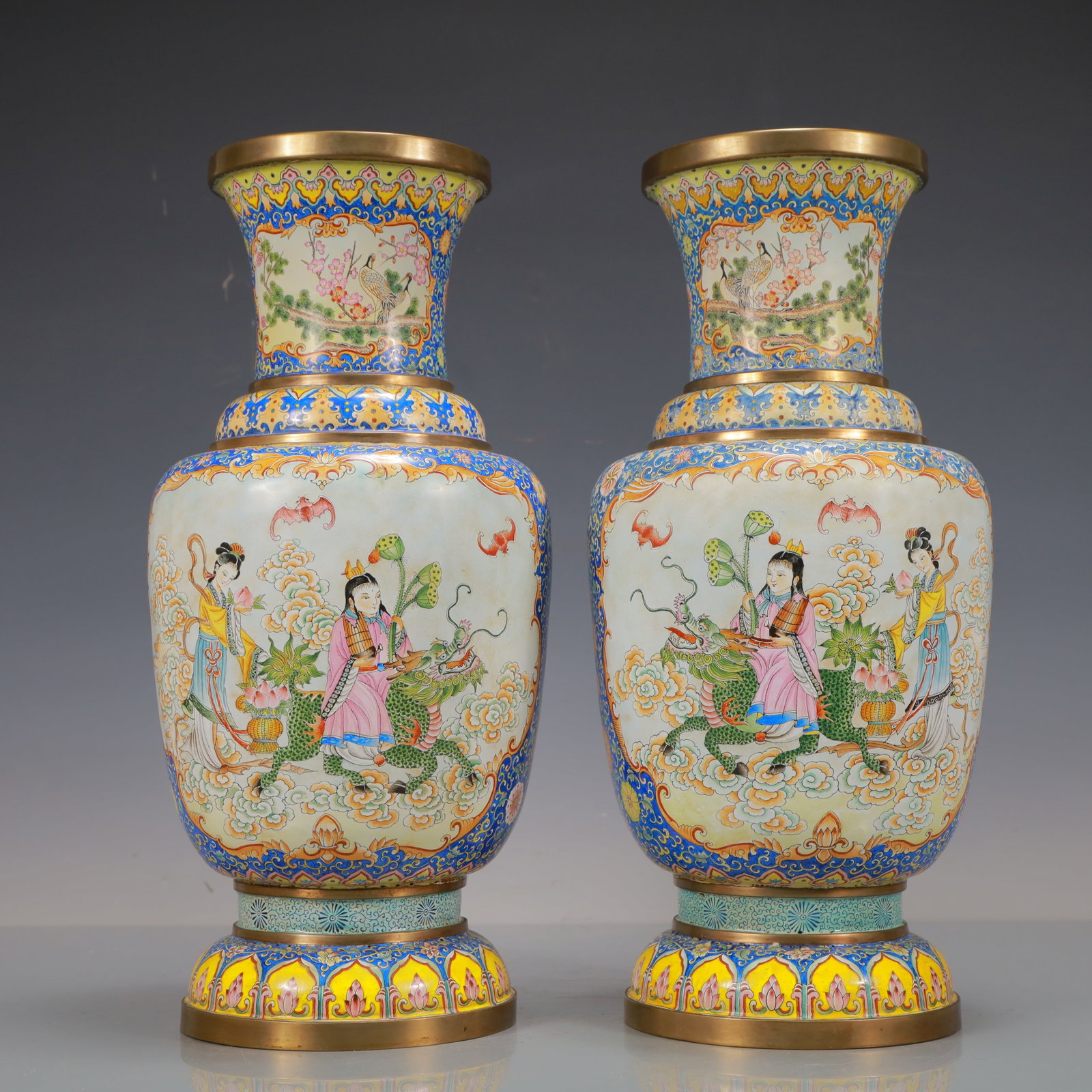 A Exquisite A pair of Coppery Enamel Pine and Crane Pattern Character and Story Pattern Vase: A Exquisite A pair of Coppery Enamel Pine and Crane Pattern Character and Story Pattern Vase Qing Dynasty, China Qianlong Four-character Mark Size:6.7inx15in