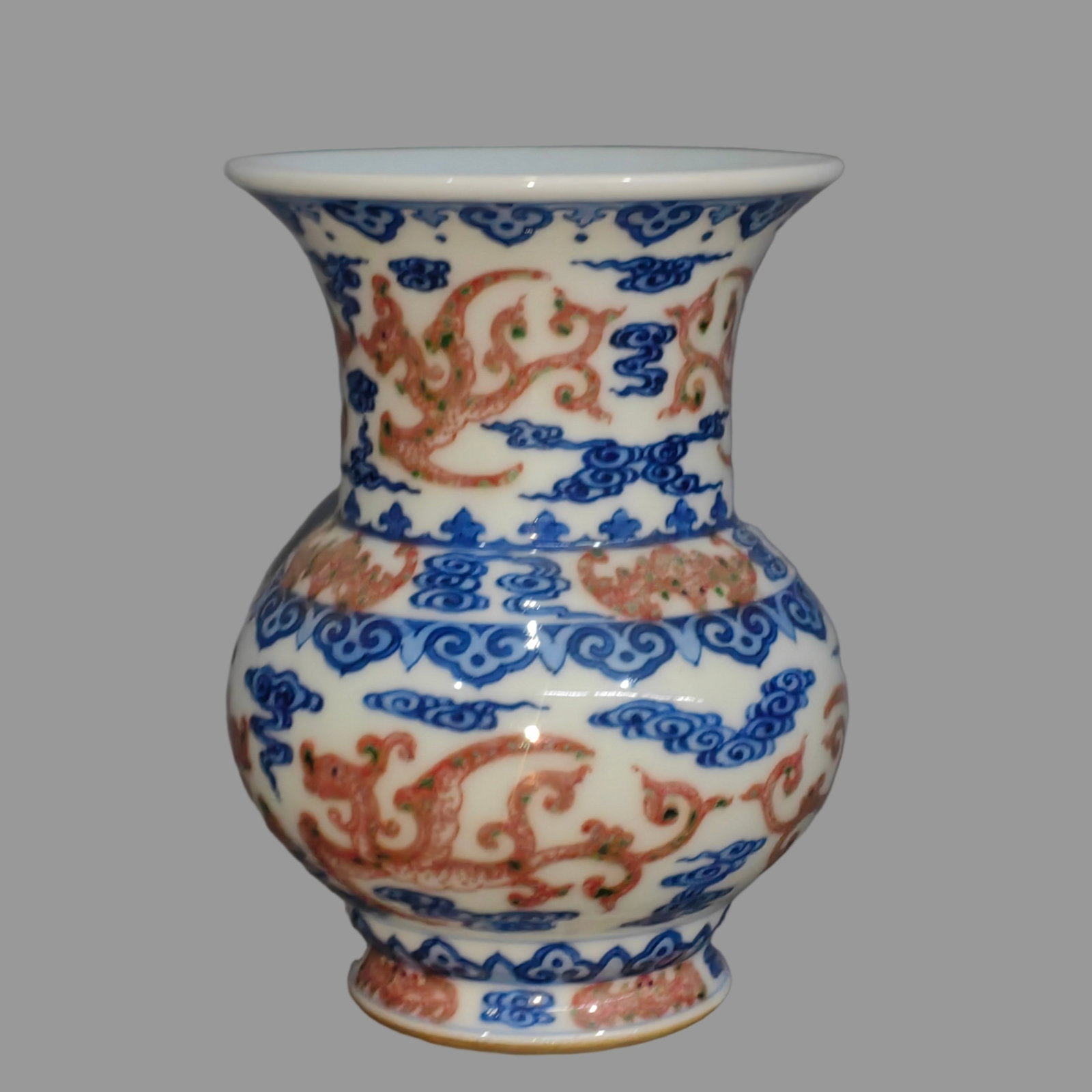 A Exquisite Blue and White Underglaze-Red Dragon Pattern Vase: A Exquisite Blue and White Underglaze-Red Dragon Pattern Vase,Qing Dynasty, China,Qianlong Six-character Mark,Size:4.7inx3.7in 青花釉里红龙纹瓶,中