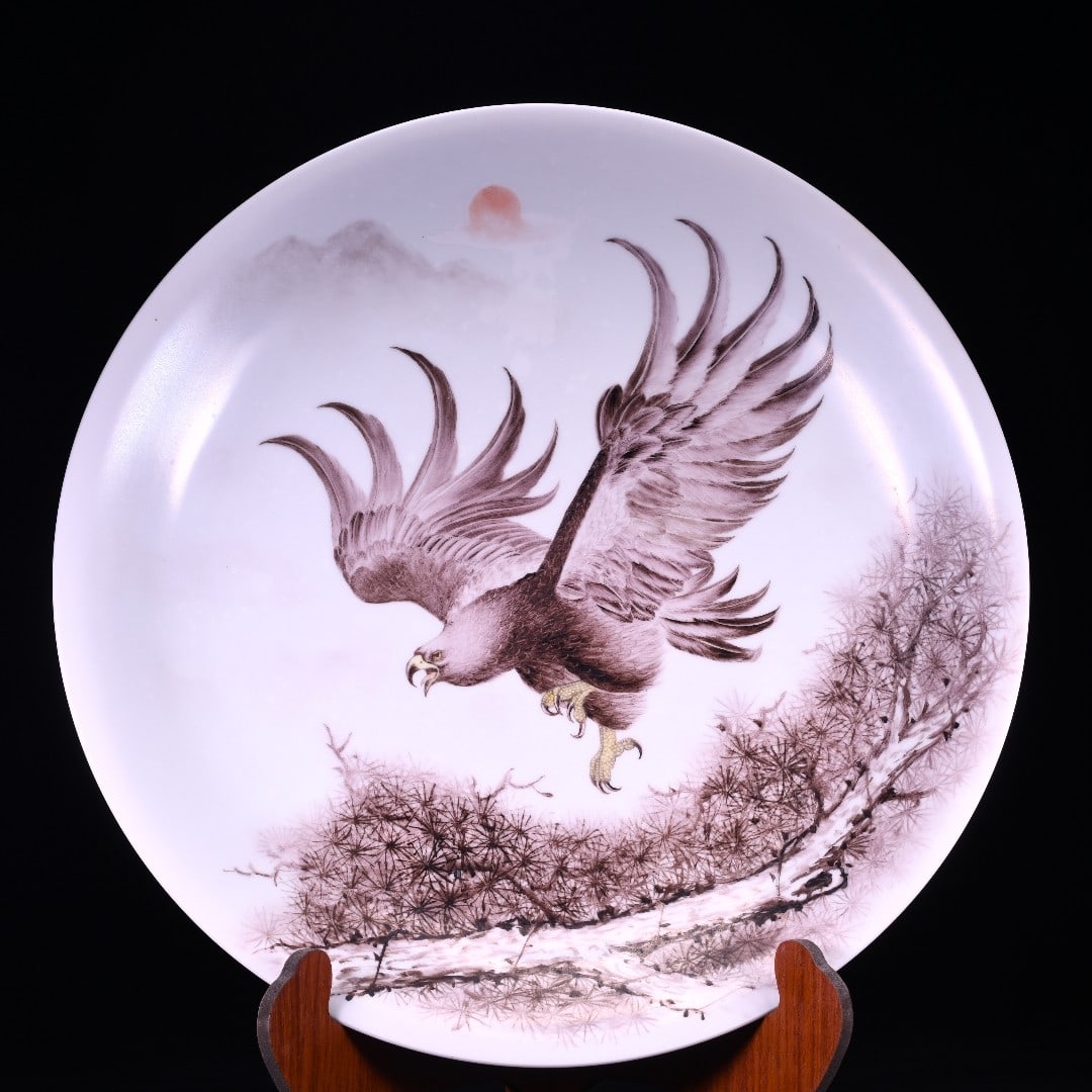 A Exquisite Ink Color Eagle Pattern Plate: A Exquisite Ink Color Eagle Pattern Plate,Qing Dynasty, China,Yongzheng Six-character Mark,Size:3.7inx19.9in