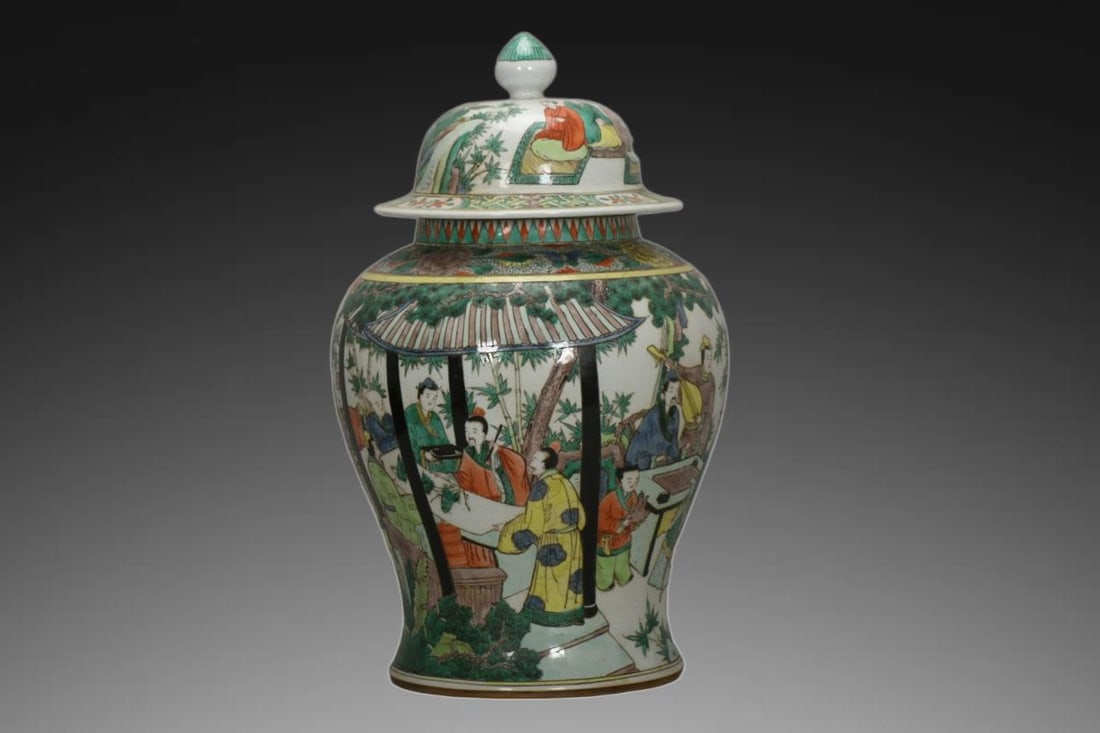 A Exquisite Wucai Character and Story Pattern Jar: A Exquisite Wucai Character and Story Pattern Jar,Qing Dynasty, China,Kangxi Six-character Mark,Size:22.4inx12.6inx9.8in 五彩人物故事纹罐,中ࢲ