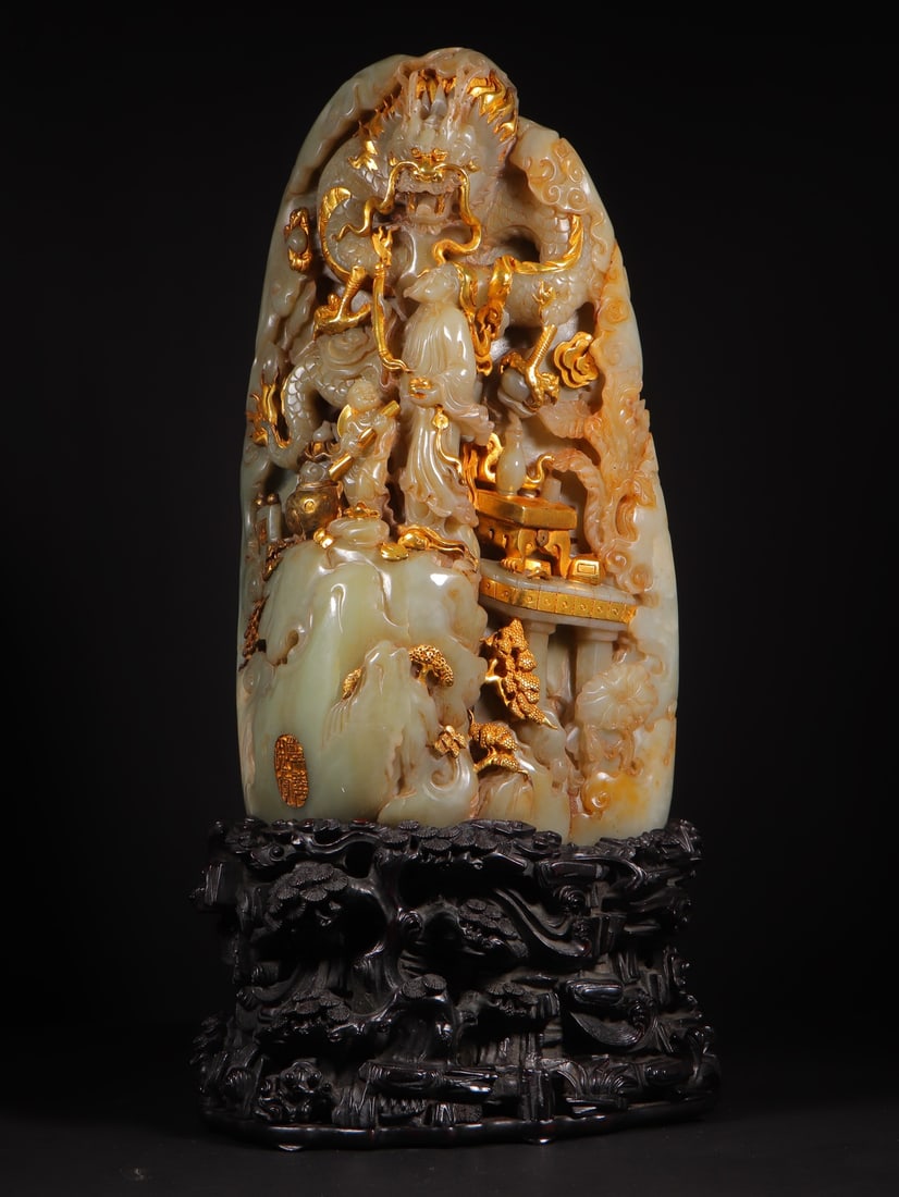 A Exquisite Hotan Jade Gilt Dragon Ornament: A Exquisite Hotan Jade Gilt Dragon Ornament,Qing Dynasty, China,With Mark,Size:17.7inx9.8inx5.9in(JadeOrnament),22.4inx11inx7.5in(WholeSet),Weight:24446g(Jade),3476g(Base) 和田玉%