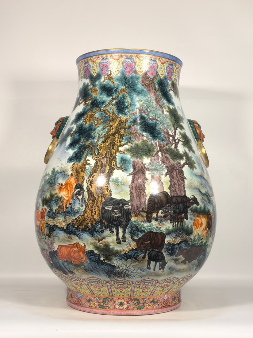 A Exquisite Famille-Rose Buffalo Pattern Lion-Ears Vase: A Exquisite Famille-Rose Buffalo Pattern Lion-Ears Vase,Qing Dynasty, China,Qianlong Four-character Mark,Size:23.6inx10.6inx17.7inx11in