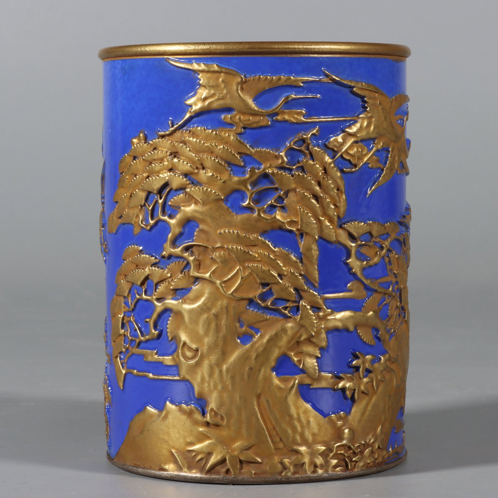 A Exquisite Famille-Rose Blue Ground Gold Overlay Flower and Bird Pattern Brush Pot: A Exquisite Famille-Rose Blue Ground Gold Overlay Flower and Bird Pattern Brush Pot,Qing Dynasty, China,Yongzheng Four-character Mark,Size:4.8inx3.6inx3.5in 粉彩蓝地堆