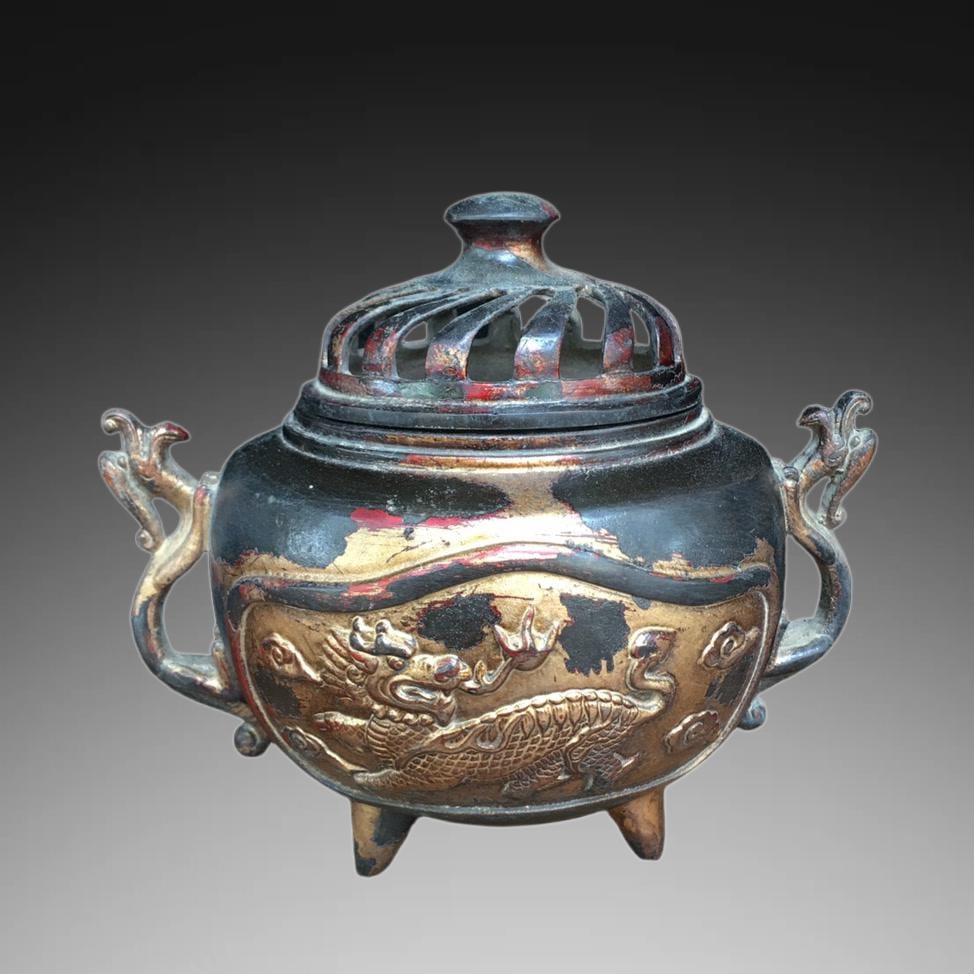 A Exquisite Bronze Dragon-Ears Censer: A Exquisite Bronze Dragon-Ears Censer,Ming Dynasty, China,Xuande Four-character Mark,Size:5.9inx7.1in,Weight:1190g