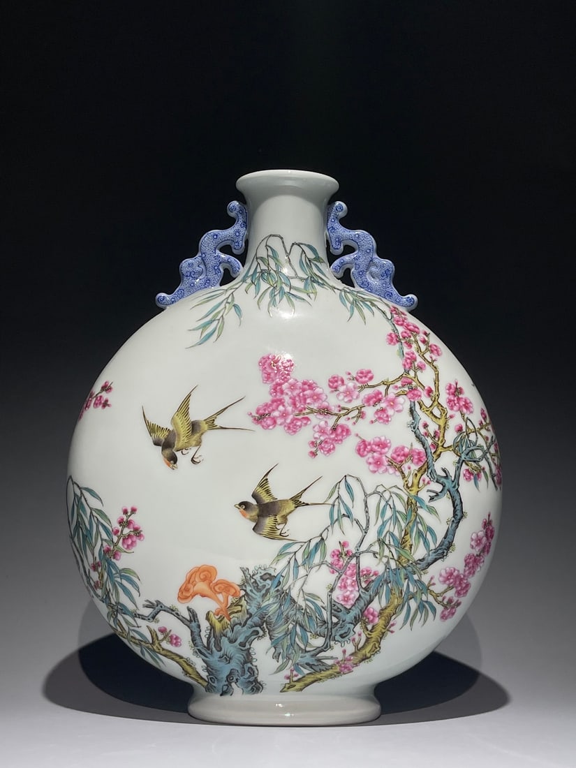 A Exquisite Famille-Rose Flower and Bird Pattern Dragon-Ears Vase: A Exquisite Famille-Rose Flower and Bird Pattern Dragon-Ears Vase,Qing Dynasty, China,Qianlong Six-character Mark,Size:12.2inx9.8in 粉彩花鸟纹龙耳瓶,