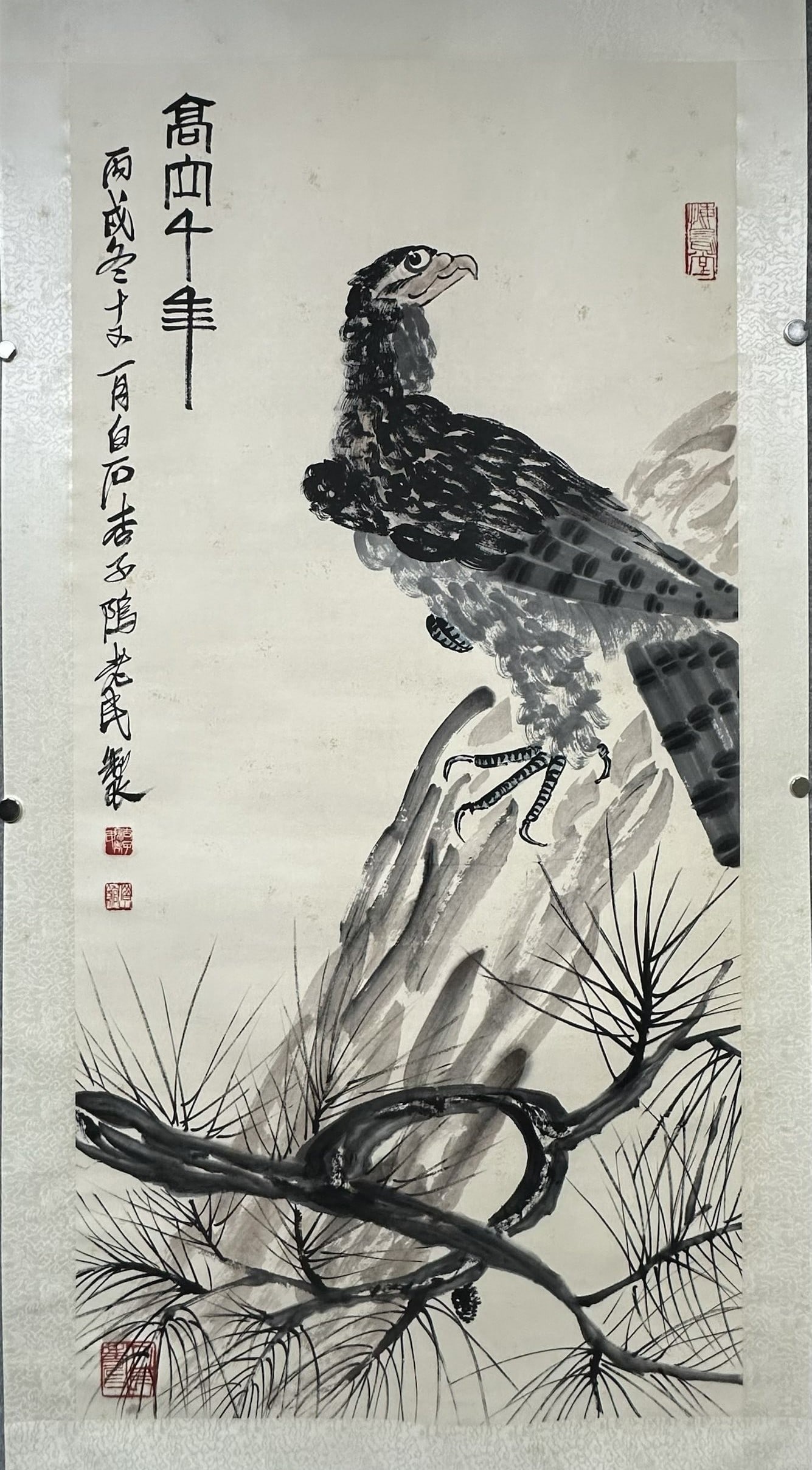 A Chinese Vertical Scroll Ink Painting of Eagle on Paper: A Chinese Vertical Scroll Ink Painting of Eagle on Paper,Modern Time of China,Qi Baishi,withoutframesize:54.7inx26.8in 一幅中国水墨纸本鹰画&