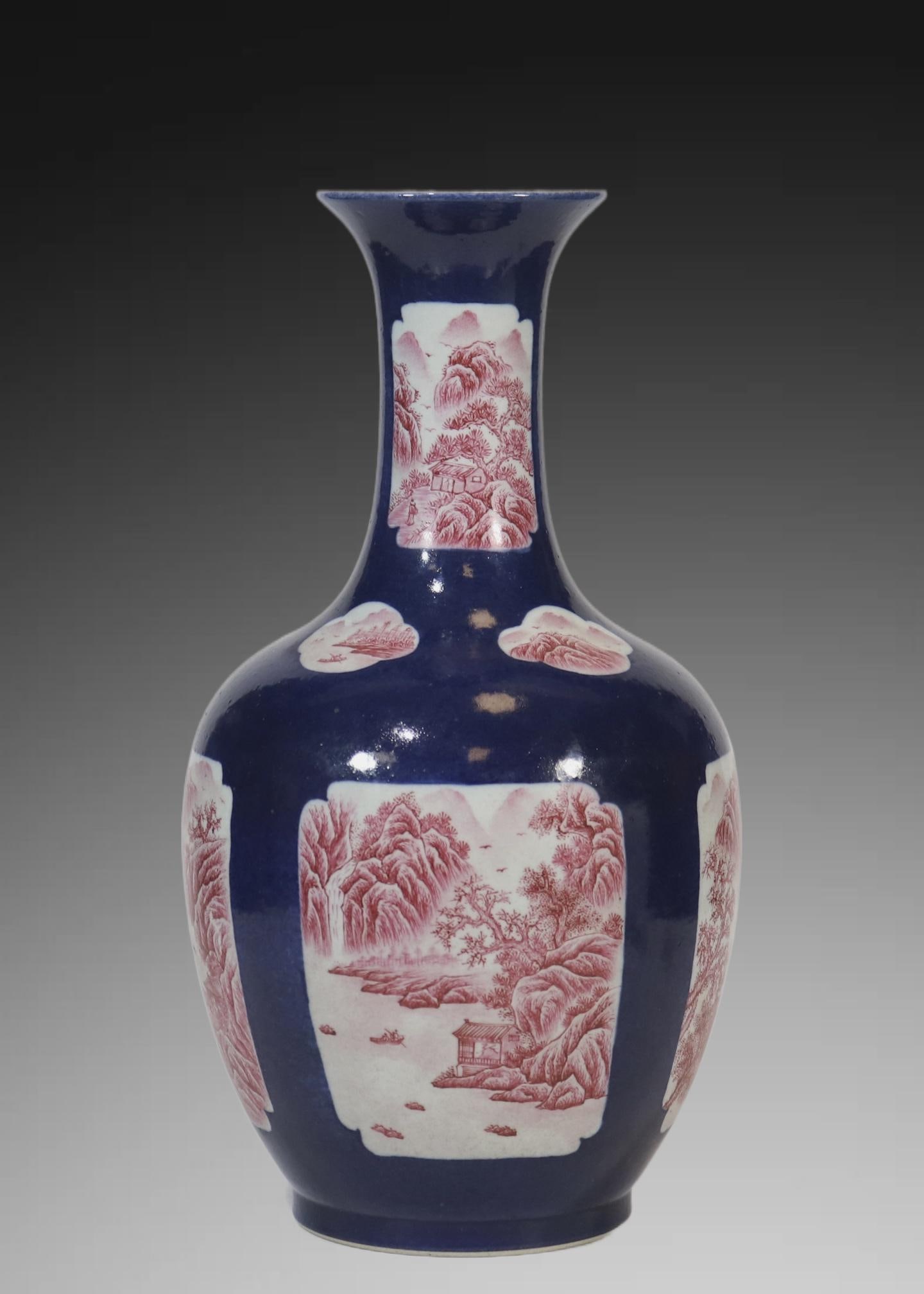A Exquisite Ji Blue Glazed Ruby Red-Glazed Landscape Pattern Vase - 2