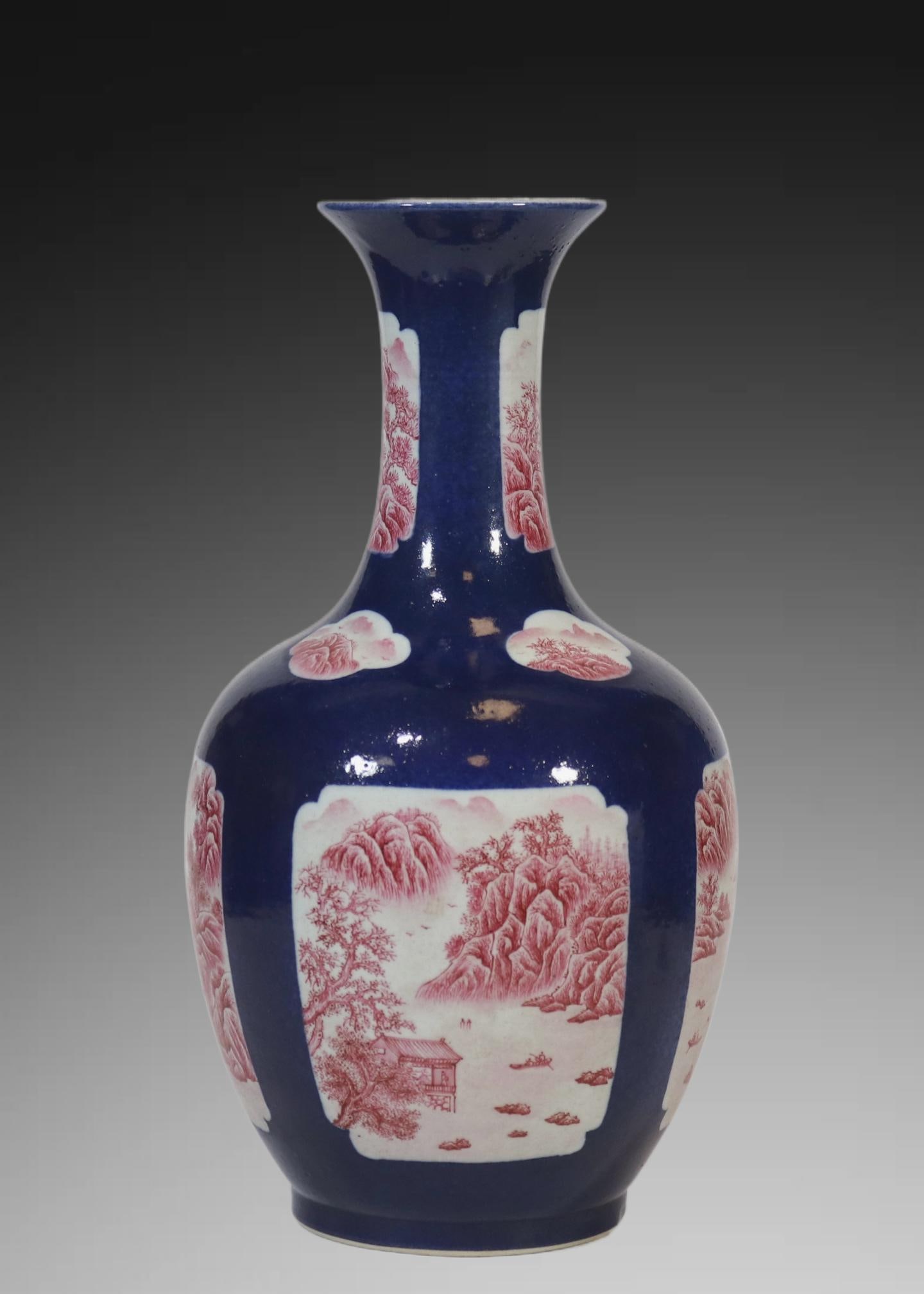A Exquisite Ji Blue Glazed Ruby Red-Glazed Landscape Pattern Vase - 3