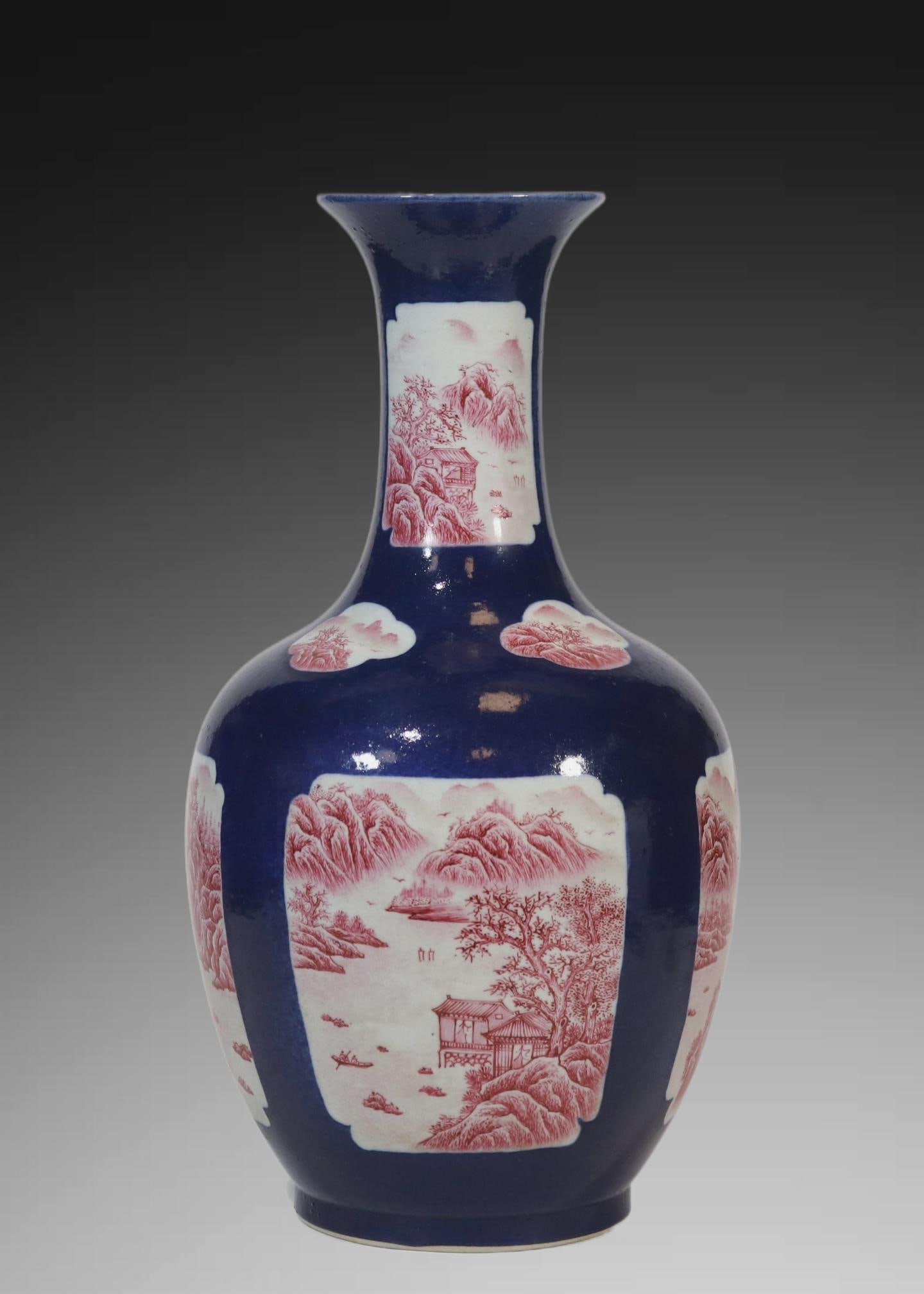 A Exquisite Ji Blue Glazed Ruby Red-Glazed Landscape Pattern Vase - 4