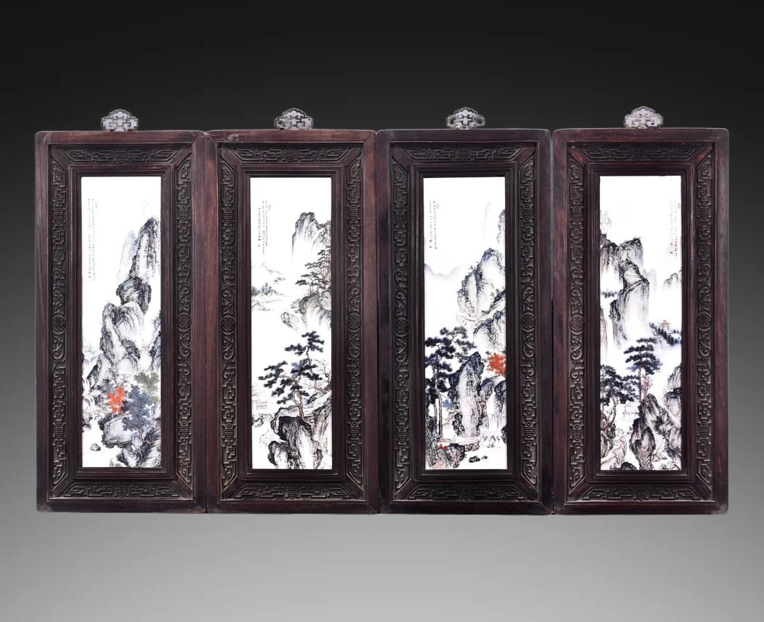 A Set of Exquisite Red wood Famille-Rose Landscape Porcelain Plate Hanging Panel (1 of 12)