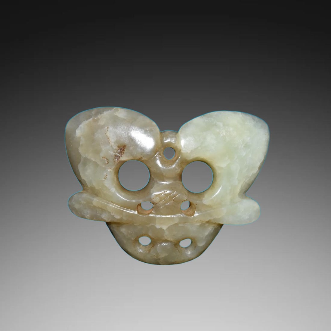 A Exquisite River Polished Jade Facial Mask: A Exquisite River Polished Jade Facial Mask,Ancient Time, China,Size:2.8inx2.2in,Weight:40g 河磨玉脸谱,远古时期