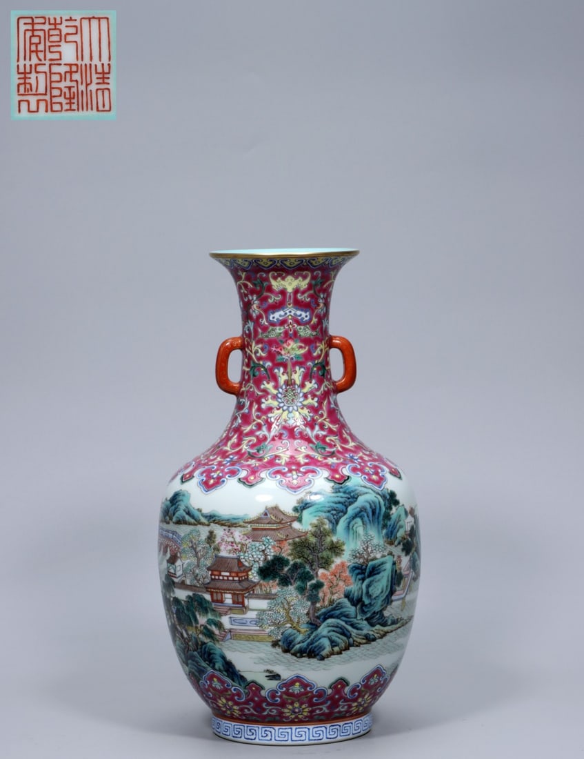 A Exquisite Ruby Red-Glazed Famille-Rose Landscape and Figures Pattern Vase (1 of 9)