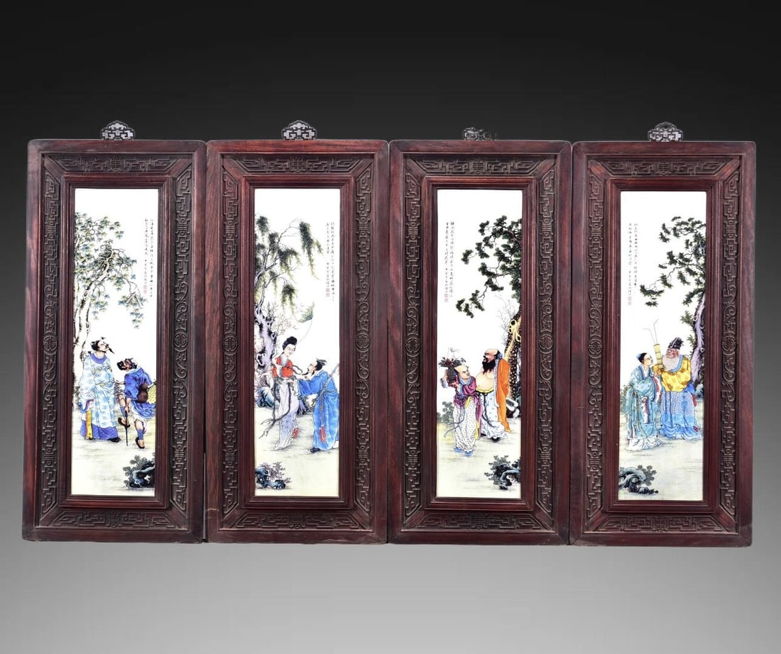 A Set of Exquisite Red wood Famille-Rose Figures Porcelain Plate Hanging Panel (1 of 10)