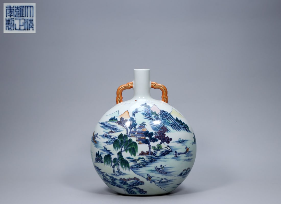 A Exquisite Famille-Rose Landscape and Figures Pattern Vase: A Exquisite Famille-Rose Landscape and Figures Pattern Vase,Qing Dynasty, China,Yongzheng Six-character Mark,Size:11.8inx6.3inx9.8in ,Weight:3369g 粉彩山水人物ń