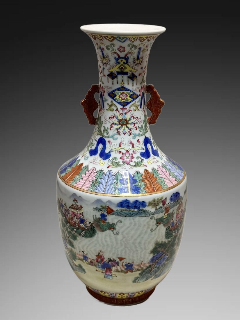 A Exquisite Famille-Rose Figures Pattern Double-Ears Vase: A Exquisite Famille-Rose Figures Pattern Double-Ears Vase,Qing Dynasty, China,Jiaqing Six-character Mark,Size:11.9inx3.6inx6.3inx3.7in 粉彩人物纹双耳瓶,